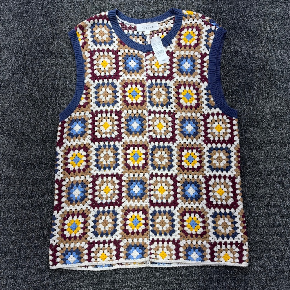 PacSun Crochet Granny Square Sweater Vest Women Large Blue Multi NEW cottagecore